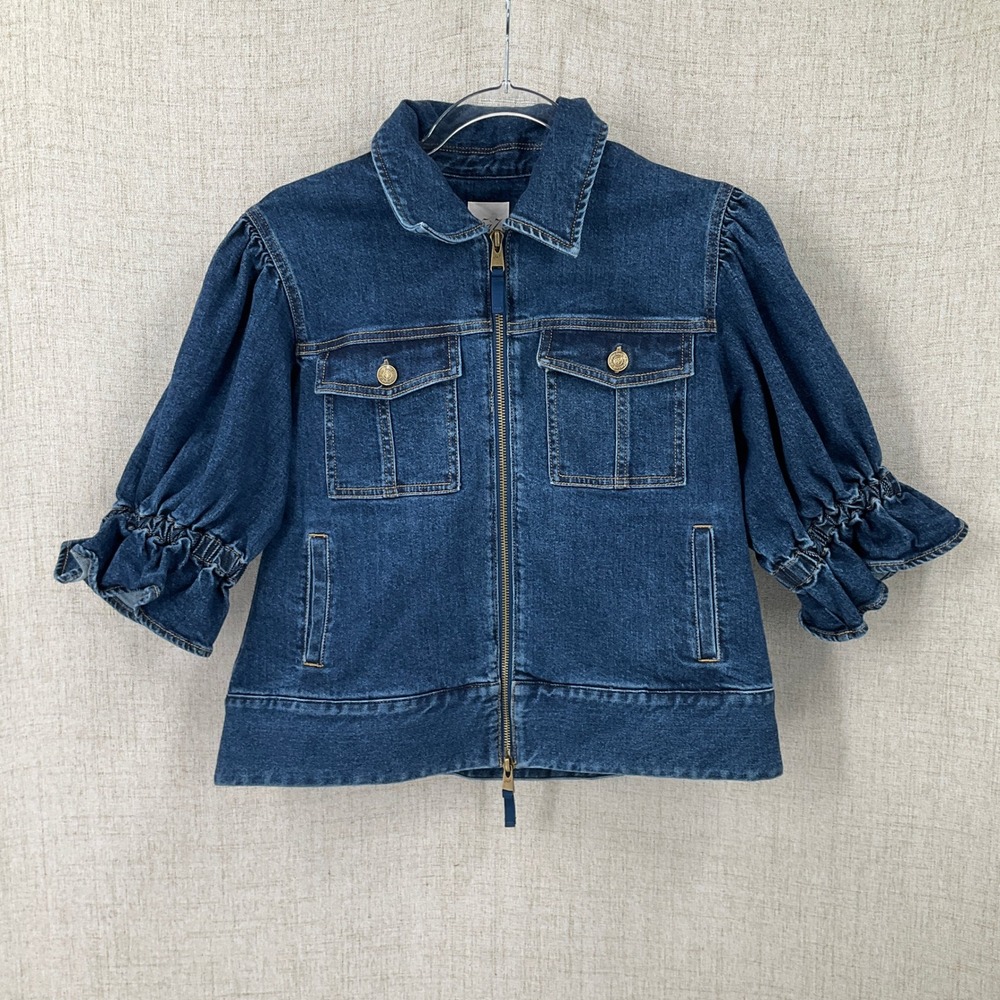 Cinq a Sept Holly Jacket Women M Blue Denim Puff Sleeve Ruffle Luxury Designer